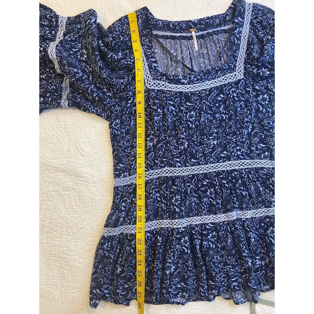Free People Talk About It Navy Floral Crochet Lace Tiered‎ Boho Tunic Top Small